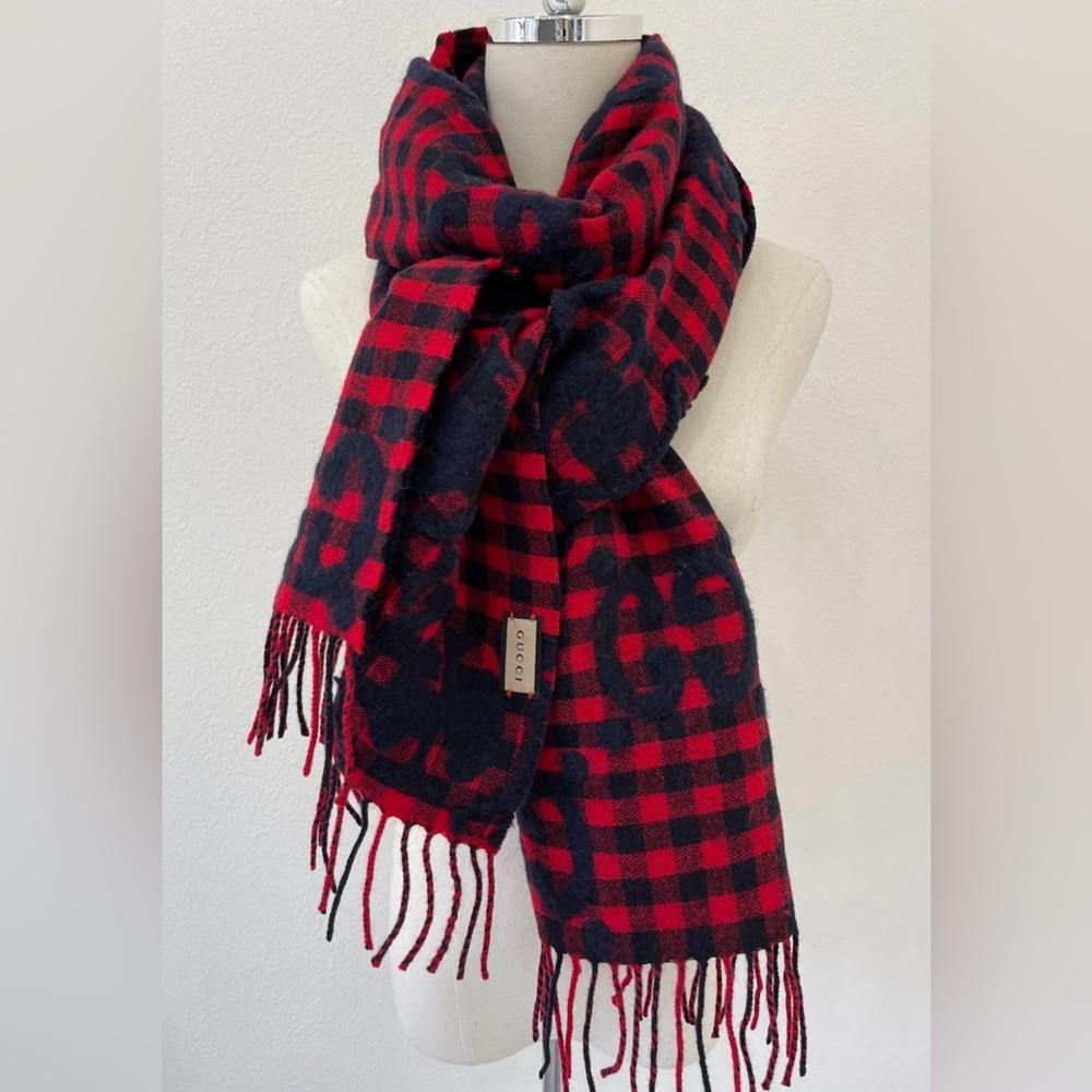 Gucci 644365 Red Blue Wool Jacquard Check GG Diamcheck Logo UNISEX Fringe Scarf - Picture 9 of 12